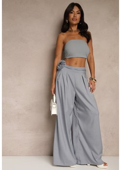 Niebieskie Spodnie o Szerokim Kroju High Waist z Kwiatem 3D Firalisse ze sklepu renee.pl w kategorii Spodnie damskie - zdjęcie 183570345