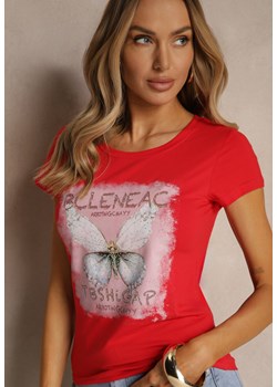 Czerwony T-shirt z Bawełny Ozdobiony Cyrkoniami i Motylem Uliadwena ze sklepu renee.pl w kategorii Bluzki damskie - zdjęcie 183572466