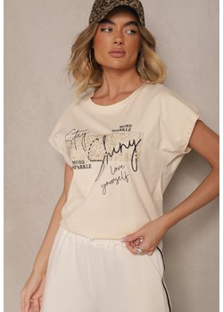 Beżowy Bawełniany T-shirt z Cyrkoniami Perłami i Rękawami Nietoperz Inellira ze sklepu renee.pl w kategorii Bluzki damskie - zdjęcie 183572477