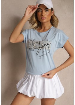Jasnoniebieski Bawełniany T-shirt z Cyrkoniami Perłami i Rękawami Nietoperz Inellira ze sklepu renee.pl w kategorii Bluzki damskie - zdjęcie 183572487