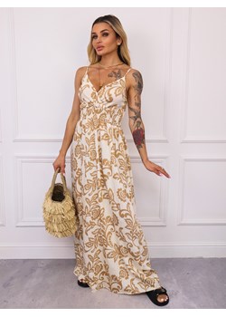 SUKIENKA MAXI WZORZYSTA Z CYRKONIAMI- BRĄZOWA ze sklepu olika.com.pl w kategorii Sukienki - zdjęcie 183583595