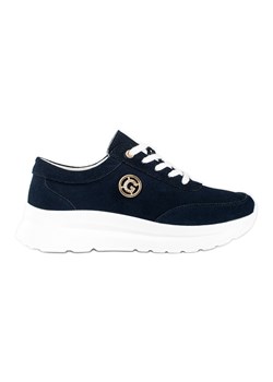 Goodin Granatowe skórzane sneakersy na platformie niebieskie ze sklepu ButyModne.pl w kategorii Buty sportowe damskie - zdjęcie 183597766