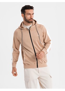 Rozpinana męska bluza z kapturem i lampasami - beżowa V4 OM-SSZP-0210 ze sklepu ombre w kategorii Bluzy męskie - zdjęcie 183616378