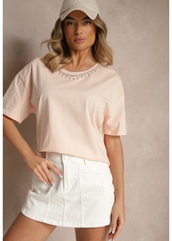 Beżowy T-shirt z Bawełny z Cyrkoniami Fadeola ze sklepu renee.pl w kategorii Bluzki damskie - zdjęcie 183643835