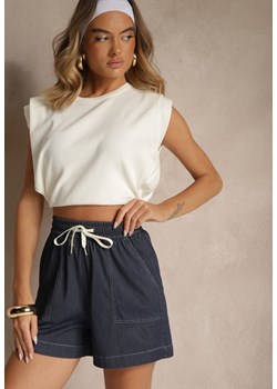 Granatowe Szorty High Waist z Wiskozą o Klasycznym Kroju z Kieszeniami i Wiązaniem Raletta ze sklepu renee.pl w kategorii Szorty - zdjęcie 183663785