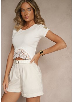 Beżowy T-shirt z Prążkowanej Tkaniny z Koronką Lisamia ze sklepu renee.pl w kategorii Bluzki damskie - zdjęcie 183663935