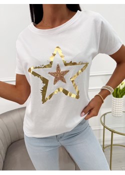Biały Bawełniany T-shirt ze Złotym Wzorem ze sklepu ModnaKiecka.pl w kategorii Bluzki damskie - zdjęcie 183664349