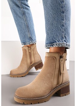 Beżowe Botki z Ozdobnym Suwakiem z Imitacji Zamszu Avronie ze sklepu born2be.pl w kategorii Botki - zdjęcie 183667706