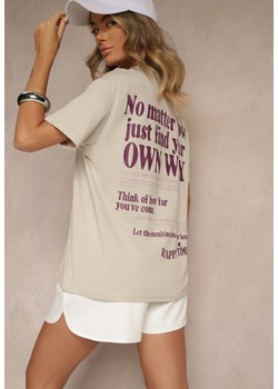 Jasnobeżowy T-shirt z Bawełny o Kroju Oversize Fillinea ze sklepu renee.pl w kategorii Bluzki damskie - zdjęcie 183671678