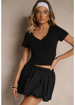 Czarny Bawełniany T-shirt z Prążkowanej Tkaniny z Dekoltem w Szpic Filaretta ze sklepu renee.pl w kategorii Bluzki damskie - zdjęcie 183671688