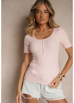 Różowy Bawełniany T-shirt Prążkowany z Guzikami Florvivi ze sklepu renee.pl w kategorii Bluzki damskie - zdjęcie 183671698