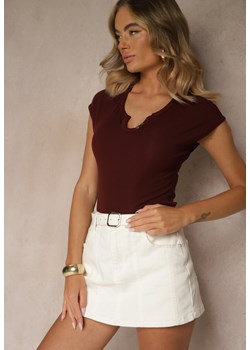 Bordowy Dopasowany T-shirt z Ozdobnymi Guziczkami i Wycięciem przy Dekolcie Benolla ze sklepu renee.pl w kategorii Bluzki damskie - zdjęcie 183671738
