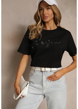 Czarny Bawełniany T-shirt Zdobiony Haftowanym Napisem z Cekinami Ulionis ze sklepu renee.pl w kategorii Bluzki damskie - zdjęcie 183673367