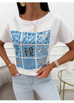 Biały Bawełniany T-shirt z Niebieskim Wzorem ze sklepu ModnaKiecka.pl w kategorii Bluzki damskie - zdjęcie 183686089