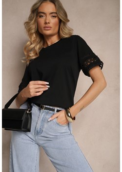 Czarny Bawełniany T-shirt z Ażurowymi Rękawkami Zolreia ze sklepu renee.pl w kategorii Bluzki damskie - zdjęcie 183693326