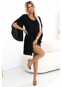 Elegancka trapezowa sukienka z rękawami typu motyl - czarna z brokatem ze sklepu Cudmoda w kategorii Sukienki - zdjęcie 183696466