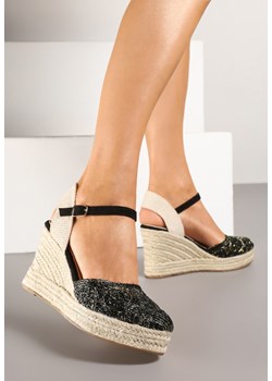 Czarne Sandały Boho na Plecionym Koturnie z Wkładką ze Skóry Naturalnej Maniffia ze sklepu renee.pl w kategorii Espadryle damskie - zdjęcie 183721319