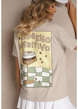 Beżowy T-shirt Oversize z Bawełny Ozdobiony Nadrukiem Filiora ze sklepu renee.pl w kategorii Bluzki damskie - zdjęcie 183721388