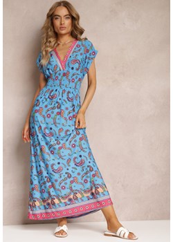 Granatowa Rozkloszowana Sukienka Maxi z Printem Paisley z Gumką w Pasie Zoenia ze sklepu renee.pl w kategorii Sukienki - zdjęcie 183723477