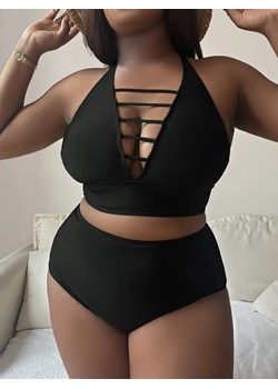 Dwuczęściowy strój kąpielowy plus size z głębokim dekoltem - CZARNY / L ze sklepu Valetta.pl w kategorii Stroje kąpielowe - zdjęcie 183743415