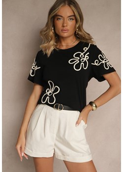 Czarny T-shirt Zdobiony Aplikacjami w Kształcie Kwiatów Tilasea ze sklepu renee.pl w kategorii Bluzki damskie - zdjęcie 183767215