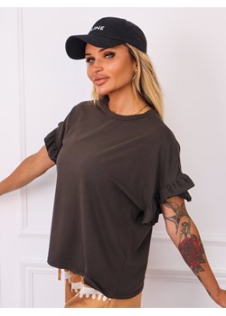 T-SHIRT OVERSIZE Z FALBANAMI NA RĘKAWACH- BRĄZOWY ze sklepu olika.com.pl w kategorii Bluzki damskie - zdjęcie 183773815