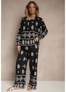 Czarny Komplet w Stylu Etno Spodnie z Gumką w Pasie i Bluzka Oversize Eviralyn ze sklepu renee.pl w kategorii Komplety i garnitury damskie - zdjęcie 183802515