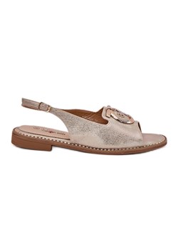 Eleganckie Sandały Z Ozdobą Na Płaskim Obcasie S.Barski KV51-003 Złote złoty ze sklepu ButyModne.pl w kategorii Sandały damskie - zdjęcie 183860885