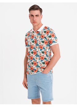 Koszulka polo bawełniana z nadrukiem w kwiaty – biała V1 OM-POSS-0149 ze sklepu ombre w kategorii T-shirty męskie - zdjęcie 183875967