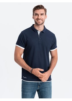 Bawełniana męska koszulka polo z kontrastowymi wykończeniami – granatowa V4 OM-POSS-0113 ze sklepu ombre w kategorii T-shirty męskie - zdjęcie 183876026