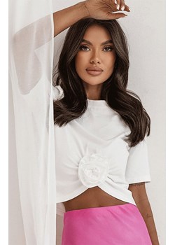 Śmietankowy t-shirt z marszczenie i różą Elvie B56, Kolor śmietankowy, Rozmiar M, Ivon ze sklepu Primodo w kategorii Bluzki damskie - zdjęcie 183883919