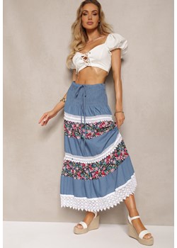Biało-Niebieska Bawełniana Spódnica High Waist z Gumką w Talii i Ozdobną Koronką Tesaquin ze sklepu renee.pl w kategorii Spódnice - zdjęcie 183889495