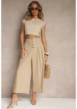Ciemnobeżowe Spodnie Culottes High Waist z Bawełny Zdobione Guzikami Izuma ze sklepu renee.pl w kategorii Spodnie damskie - zdjęcie 183913408