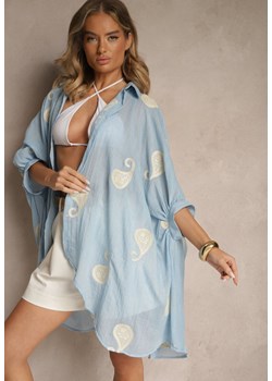 Niebieska Koszula Oversize z Bawełny Ozdobiona Haftami Liloselle - id: RA01-51-BLUE - marki Renee - 183916507 Niebieska Koszula Oversize z Bawełny Ozdobiona Haftami Liloselle ze sklepu renee.pl w kategorii Koszule damskie - zdjęcie 183916507