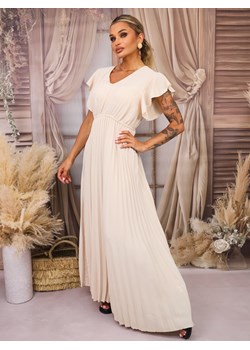 SUKIENKA MAXI PLISOWANA Z FALBANAMI PRZY RĘKAWACH- BEŻOWA ze sklepu olika.com.pl w kategorii Sukienki - zdjęcie 183923326