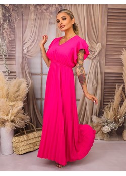 SUKIENKA MAXI PLISOWANA Z FALBANAMI PRZY RĘKAWACH- FUKSJA ze sklepu olika.com.pl w kategorii Sukienki - zdjęcie 183923337