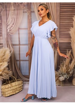 SUKIENKA MAXI PLISOWANA Z FALBANAMI PRZY RĘKAWACH- NIEBIESKA ze sklepu olika.com.pl w kategorii Sukienki - zdjęcie 183923346