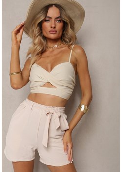 Beżowe Luźne Szorty Bermudy High Waist z Gumką i Materiałowym Paskiem w Talii Renetta ze sklepu renee.pl w kategorii Szorty - zdjęcie 184012775