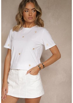 Biało-Beżowy Bawełniany T-shirt z Motywem Serc Aramiraa ze sklepu renee.pl w kategorii Bluzki damskie - zdjęcie 184012927