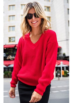 Czerwony sweter damski z dekoltem w serek BK075, Kolor czerwony, Rozmiar L/XL, BE ze sklepu Primodo w kategorii Swetry damskie - zdjęcie 184061589