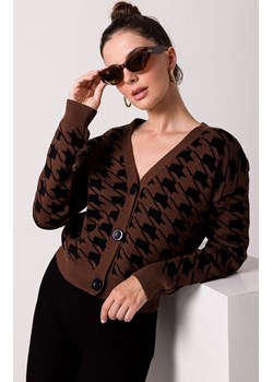 Krótki kardigan w pepitkę brązowy BK104, Kolor brązowy, Rozmiar L/XL, BeWear ze sklepu Primodo w kategorii Swetry damskie - zdjęcie 184061666