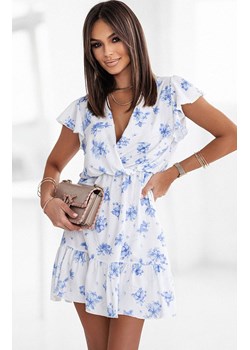 Sukienka mini z falbaną w kwiatowy print Butterfly 352, Kolor biało-niebieski, Rozmiar XS/S, Ivon ze sklepu Primodo w kategorii Sukienki - zdjęcie 184075585