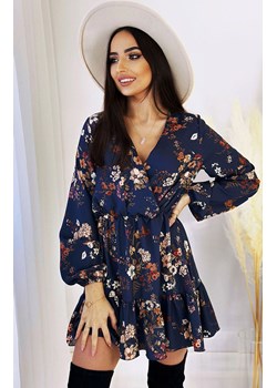Granatowa rozkloszowana sukienka mini w kwiaty Rachell 343, Kolor granatowy-wzór, Rozmiar XS/S, Ivon ze sklepu Primodo w kategorii Sukienki - zdjęcie 184075888