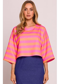 Moe krótka bluza damska w paski  M844/3, Kolor różowo-pomarańczowy, Rozmiar 2XL/3XL, MOE ze sklepu Primodo w kategorii Bluzy damskie - zdjęcie 184084356