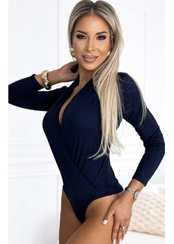Granatowe kopertowe body damskie elegancka bluzka 375-8, Kolor granatowy, Rozmiar L, Numoco ze sklepu Primodo w kategorii Body damskie - zdjęcie 184086635