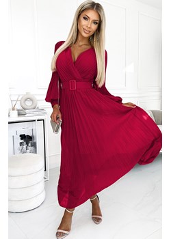Plisowana sukienka z paskiem bordowa 414-9 Klara, Kolor bordowy, Rozmiar one size, NUMOCO BASIC ze sklepu Primodo w kategorii Sukienki - zdjęcie 184086787