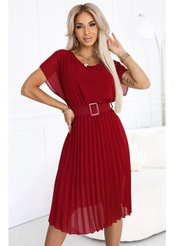 Plisowana szyfonowa sukienka midi z paskiem bordowa 465-5 MIA, Kolor bordowy, Rozmiar one size, NUMOCO BASIC ze sklepu Primodo w kategorii Sukienki - zdjęcie 184086909