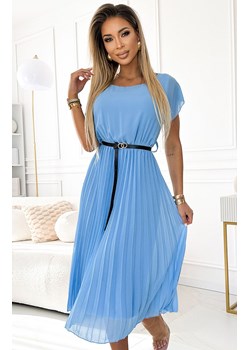 Plisowana błękitna sukienka midi z czarnym paskiem 548-2, Kolor błękitny, Rozmiar one size, NUMOCO BASIC ze sklepu Primodo w kategorii Sukienki - zdjęcie 184087136