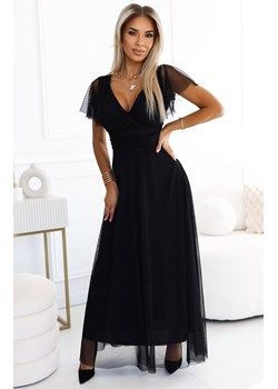 Długa sukienka z dekoltem i krótkim rękawkiem czarna 562-3 Nastia, Kolor czarny, Rozmiar one size, NUMOCO BASIC ze sklepu Primodo w kategorii Sukienki - zdjęcie 184087175