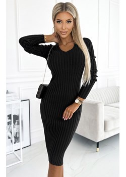 Czarna sweterkowa sukienka z dekoltem w serek 570-1, Kolor czarny, Rozmiar one size, NUMOCO BASIC ze sklepu Primodo w kategorii Sukienki - zdjęcie 184087205